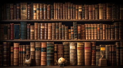 A wall full of Old ancient books of a library, holding many historical books and manuscripts. Wide format. Hand edited, generative Ai