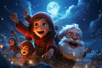 In a sky of joy, Santa and kids revel in play, a Christmas spectacle above the clouds