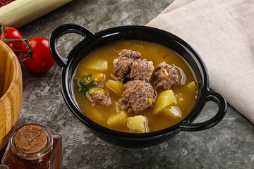 Soup with beef meatball and vegetables