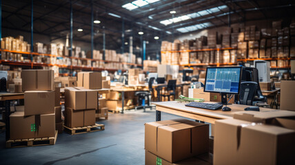 Office in warehouse with products, inventory, small business.