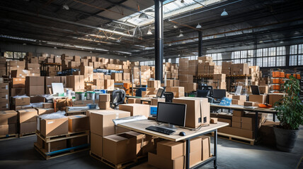 Office in warehouse with products, inventory, small business.