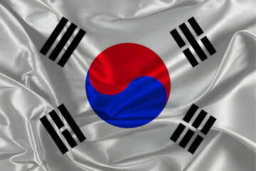 Waving silk flag of South Korea. National Flag background, Patriotic Country Flag.