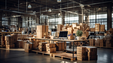 Office in warehouse with products, inventory, small business.