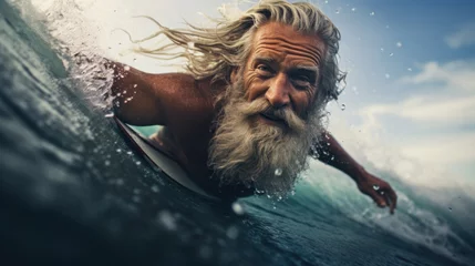 Foto op Plexiglas Beach, water and old man surfer swimming on summer holiday vacation in retirement with freedom in ocean. Smile, ocean and senior surfing or body boarding enjoying a healthy exercise on sea. © darkhairedblond
