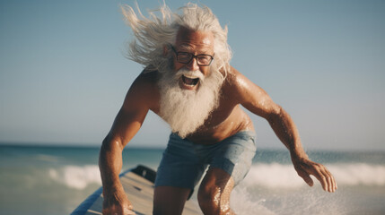 Beach, water and old man surfer swimming on summer holiday vacation in retirement with freedom in ocean. Smile, ocean and senior surfing or body boarding enjoying a healthy exercise on sea.