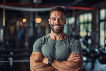 Obraz premium Muscular man posing in gym backdrop