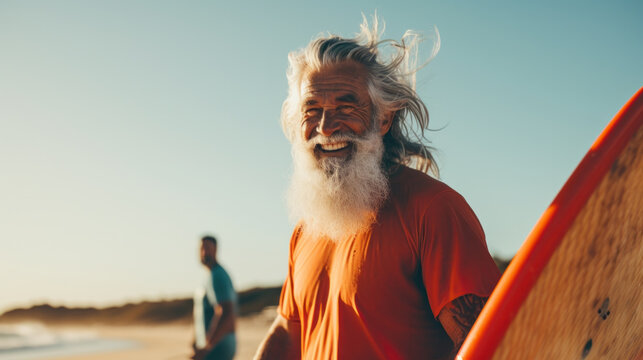 Beach, Water And Old Man Surfer Swimming On Summer Holiday Vacation In Retirement With Freedom In Ocean. Smile, Ocean And Senior Surfing Or Body Boarding Enjoying A Healthy Exercise On Sea.