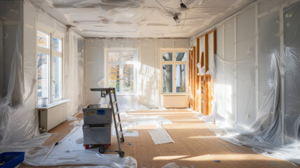 Renovation prep: covered room with plastic sheet - obrazy, fototapety, plakaty