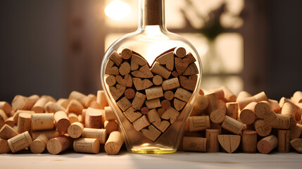 Wine bottle filled with wine corks, Glass of red wine with corks and corkscrew on a dark rustic background, Bottles of wine and glasses on table in cellar - obrazy, fototapety, plakaty
