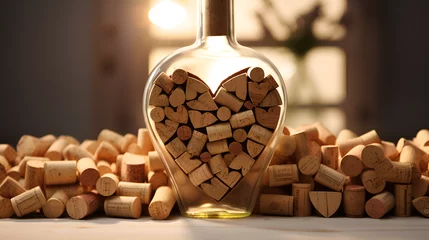 Fotobehang Wine bottle filled with wine corks, Glass of red wine with corks and corkscrew on a dark rustic background, Bottles of wine and glasses on table in cellar © Micro