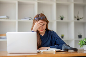 Young teenager asian woman prepare learning study listen from online class video call zoom google meet discord, Asian woman stressed about learning studying concern nervous serius anxious
