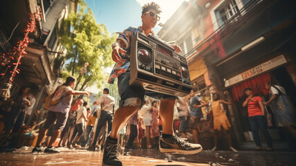 90s teens dance with boombox in the city