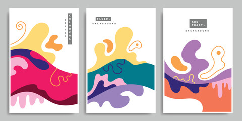 Abstract fluid organic shapes poster or banner design set. Colorful liquid background template. Contemporary art backdrop design. Wavy blob catalog design bundle.