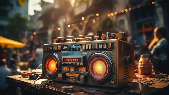90s teens dance with boombox in the city