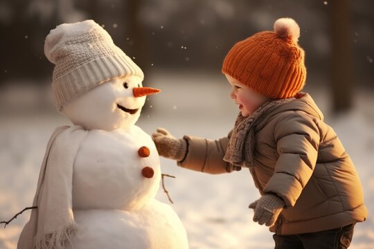 Generative AI image of a a young child and an adult make a snowman, in the style of light orange and light maroon