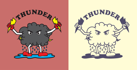 vector black clouds, rain, lightning that resemble angry animated characters. streetwear design illustration