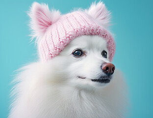 Cute puppy wearing pink winter hat against light blue background. Winter holiday pet fashion concept