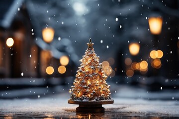 Abstract blurred bokeh background of Christmas tree with snow and copy space, holiday and celebration concept, 3d rendering Generative Ai.	
