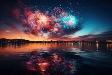 Colorful fireworks reflect from water, beautiful scenery Generative Ai.	
