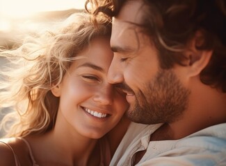 Generative AI image of a couple sitting at the beach stock photo stock, in the style of detailed facial features, light amber, uhd image, happycore, close up, modern, lovely