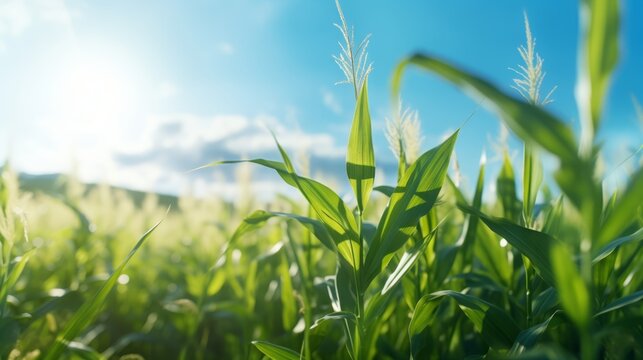 Generative AI image of a field with grass, sunshine, a lot of light, sunbeams, zoom in on corn in front, blurred background