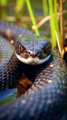Generative AI image of a Grass snakes in natural environment. macro photo