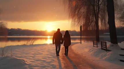 Fotobehang Generative AI image of a happy couple, walking în parc, winter vibe, sunset Time, criatal lake by side to their © Eitan Baron