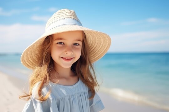 Generative AI image of a front view children in summer dress and hat standing on beautiful sandy beach. Cute girl enjoy her tropical sea on relax holiday vacation during summer time and sunshine day