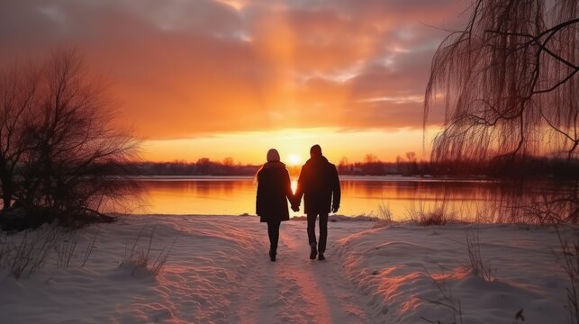 Generative AI image of a happy couple, walking în parc, winter vibe, sunset Time, criatal lake by side to their