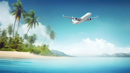 Fototapeta na wymiar airplane flying above tropical beach 