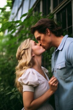 Generative AI image of a man in a cotton shirt kisses a blonde girl in the garden, cinematic, village vibe
