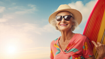 Mature woman posing with a surfboard on the beach