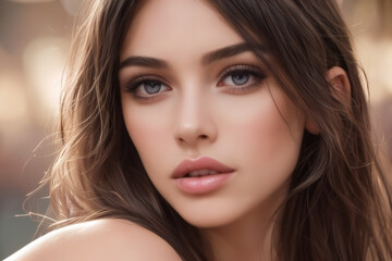 Naklejka premium A captivating portrait of a beautiful girl in a Paris fashion show-like stage, exuding elegance and glamour with seductive eyes in a summer dress collection