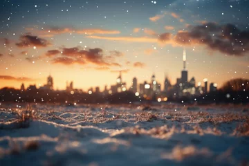 Papier Peint photo Etats Unis City landscape with winter skyline and snow a soft blurred background