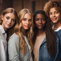 Obraz premium close-up group portrait of diverse women from different ethnic backgrounds radiates the beauty of multicultural allure
