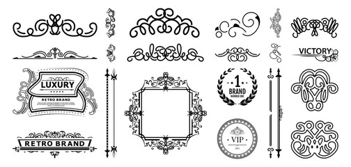 Decorative vintage vector elements including braided lines, rosettes, and frames for adorning logos, wedding albums, or restaurant menus with a calligraphic touch.