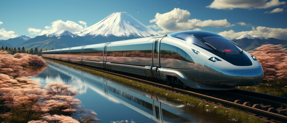 Future Shinkansen with Fuji backround generative ai