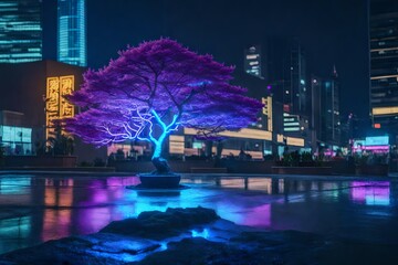 A cyberpunk cityscape including a neon bonsai tree reflected in a puddle.