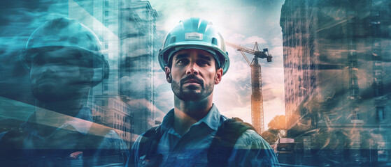 Double exposure: Engineer in uniform with cityscape generative ai