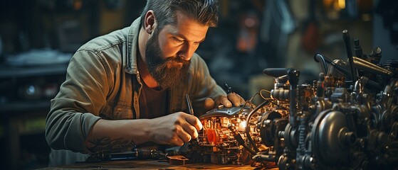 A man is using and maintaining mechanical components. .