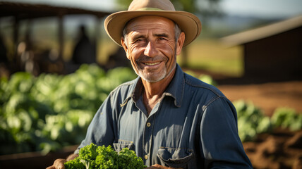 farmer giving thumbs up with vegetables in the field, Happy, Smiling generative ai