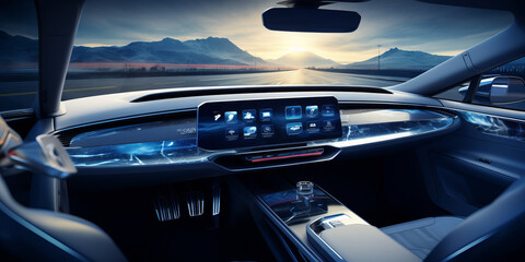 Modern blue and white car interior with smart surfaces.generative ai
