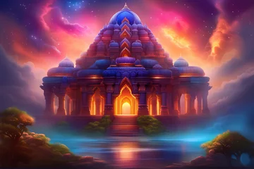 Poster Bedehuis Fantasy art of an old hindu temple with dramatic skies.