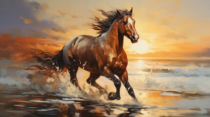 wild horse running on the beach at sunset
