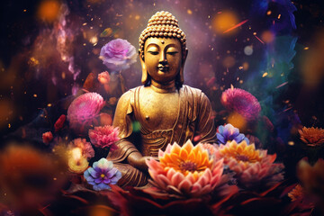 Glowing golden buddha and lotus flowers