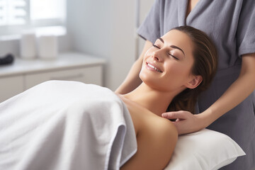 Fototapeta na wymiar Young woman enjoying massage in spa salon
