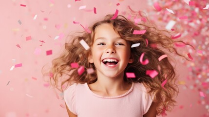 Fototapeta na wymiar Happy Birthday of child girl with confetti on pink background.