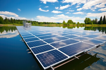 Solar Energy Innovation, Floating Panels on Tranquil Lake Surface