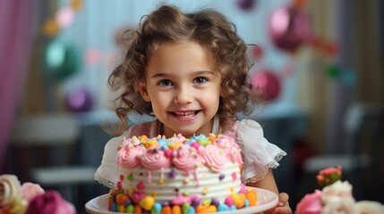 Birthday party of happy child girl with the most beautiful cake decorated with decorations, candies.
