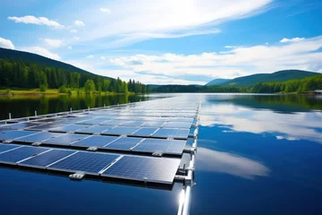 Schilderijen op glas Solar Energy Innovation, Floating Panels on Tranquil Lake Surface © pkproject